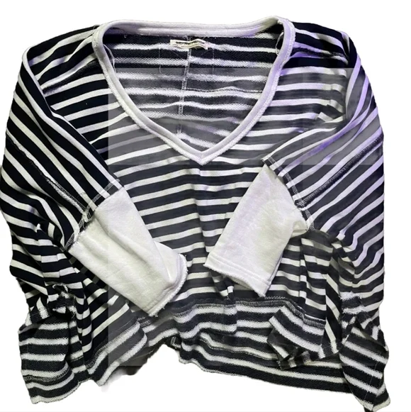 Free People We The Free Main Squueze Navy White Striped Poncho V Neck Pullover S - Picture 4 of 9